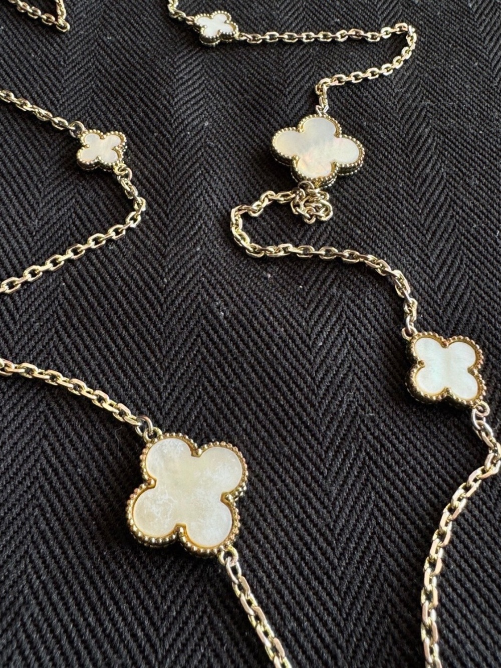 Inspired Goldish Chain with White Clover Motif Long Necklace